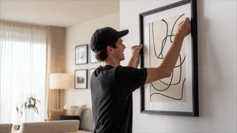 A person easily hanging a large, heavy frame on a wall using damage-free picture hanging strips in a beautiful apartment.