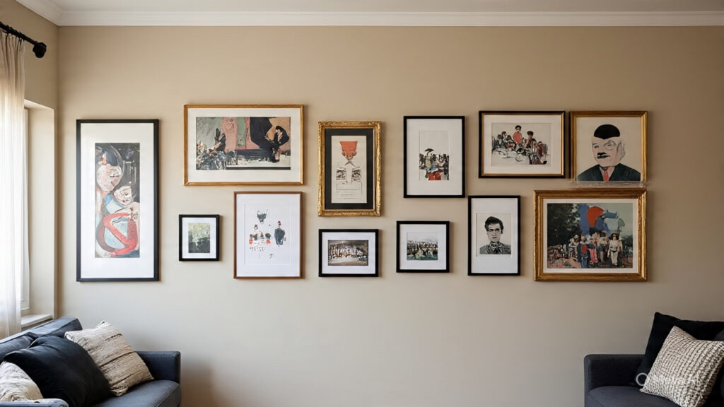 A beautifully curated gallery wall with a mix of black