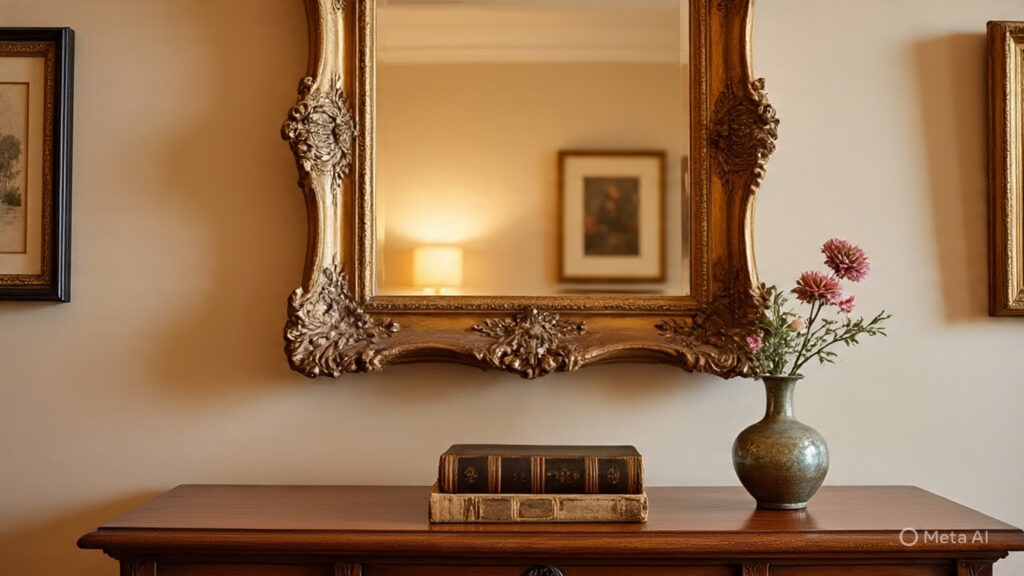 A heavy gold mirror leaning on a console table as a stylish, damage-free decorating idea.
