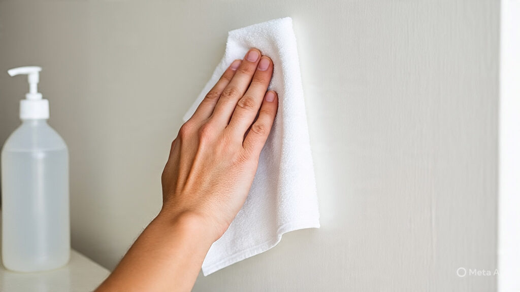 A person cleaning a wall with isopropyl alcohol before using damage-free ways to hang heavy decor.