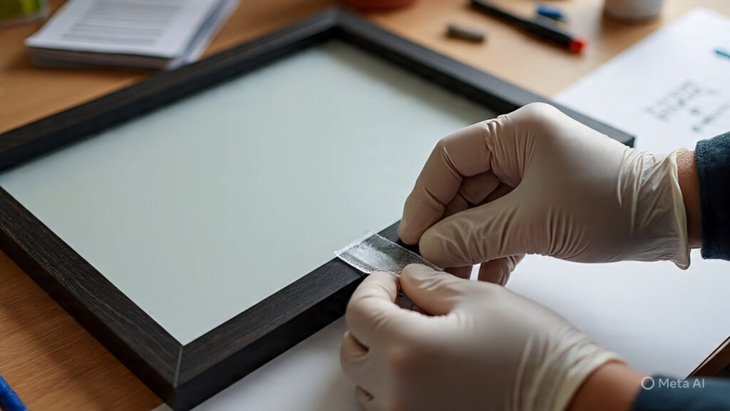 shot of hands applying an adhesive strip to the back of a frame