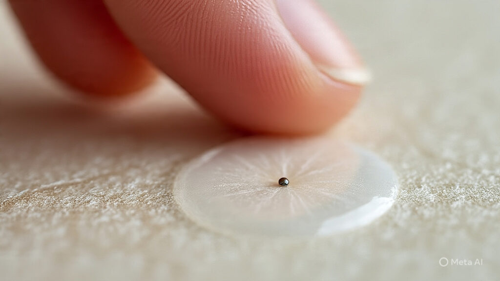 A macro shot showing a fingertip gently pushing down on a small wallpaper bubble that has a tiny pinprick in it.