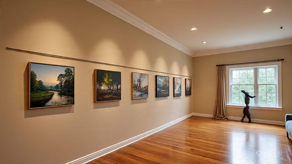 A wide shot of a beautifully decorated room showcasing an installed picture