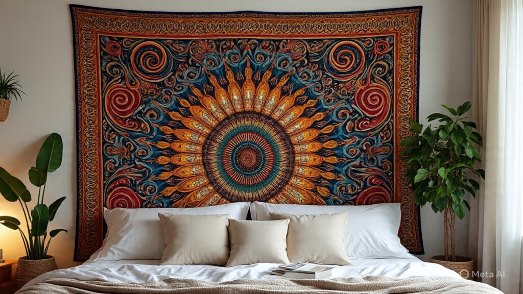 colorful bohemian-style tapestry hanging behind a bed