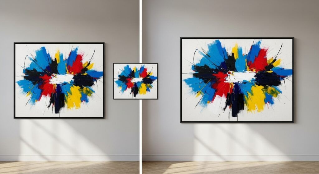 A three-part image showing the process of making DIY abstract art, from blank canvas to finished product on the wall.
