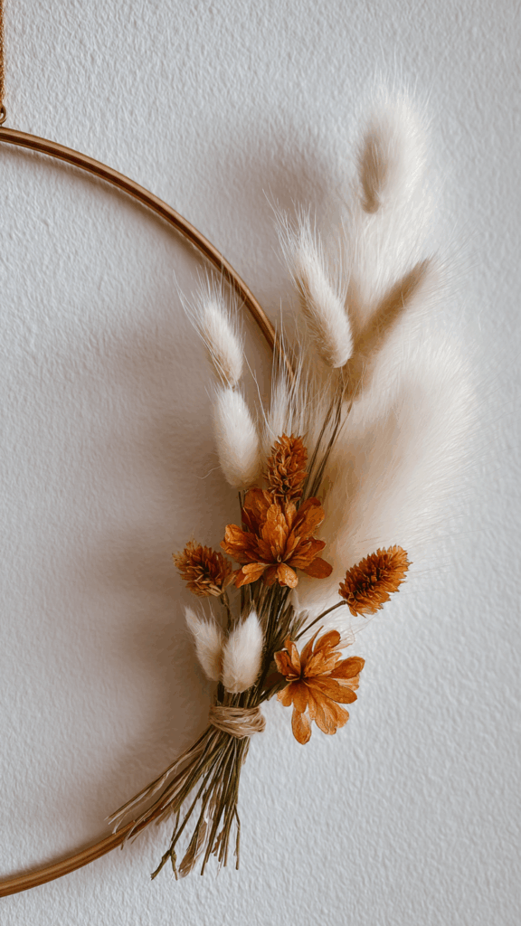 A minimalist deconstructed autumn wreath with dried flowers and pampas grass.