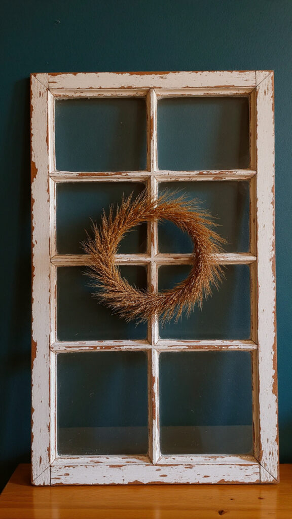 A unique autumn wall decor display featuring a rustic window pane and a simple dried wheat wreath.