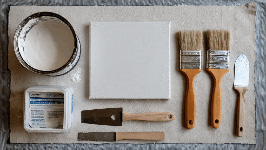 All the supplies for making DIY textured wall art laid out on a canvas, including joint compound, putty knives, and a trowel.