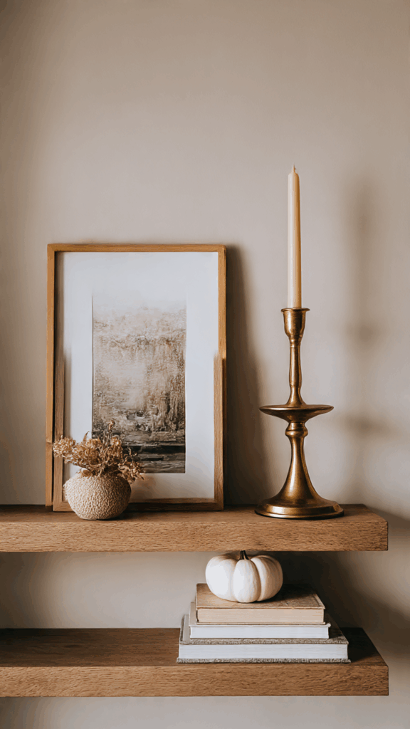 A beautifully styled floating shelf with layered autumn decor, including a pumpkin, brass candlestick, and art.