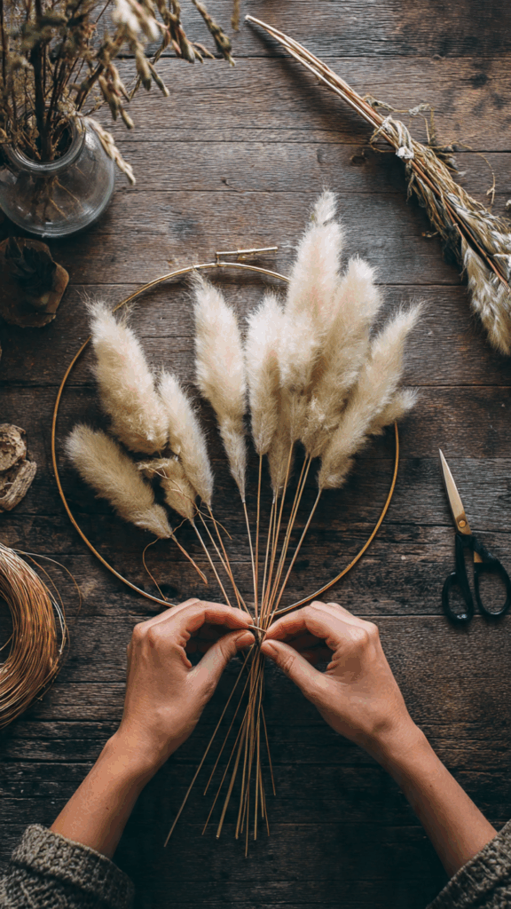 Hands carefully attaching a bunch of fluffy pampas grass to a gold metal hoop with floral wire.