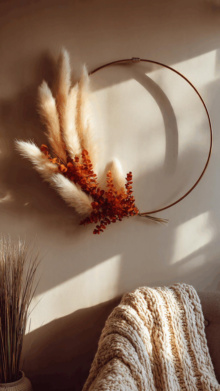 A unique autumn wall decor idea featuring a minimalist gold hoop wreath with pampas grass creating a cozy vibe in a living room.