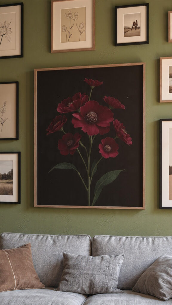 A close-up of a gallery wall featuring a moody floral print with jewel tones, illustrating 2025 autumn decor trends.