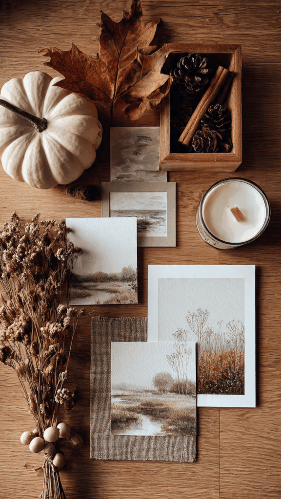 A collection of affordable autumn wall decor items including art prints and a fall leaf garland laid out on a table.