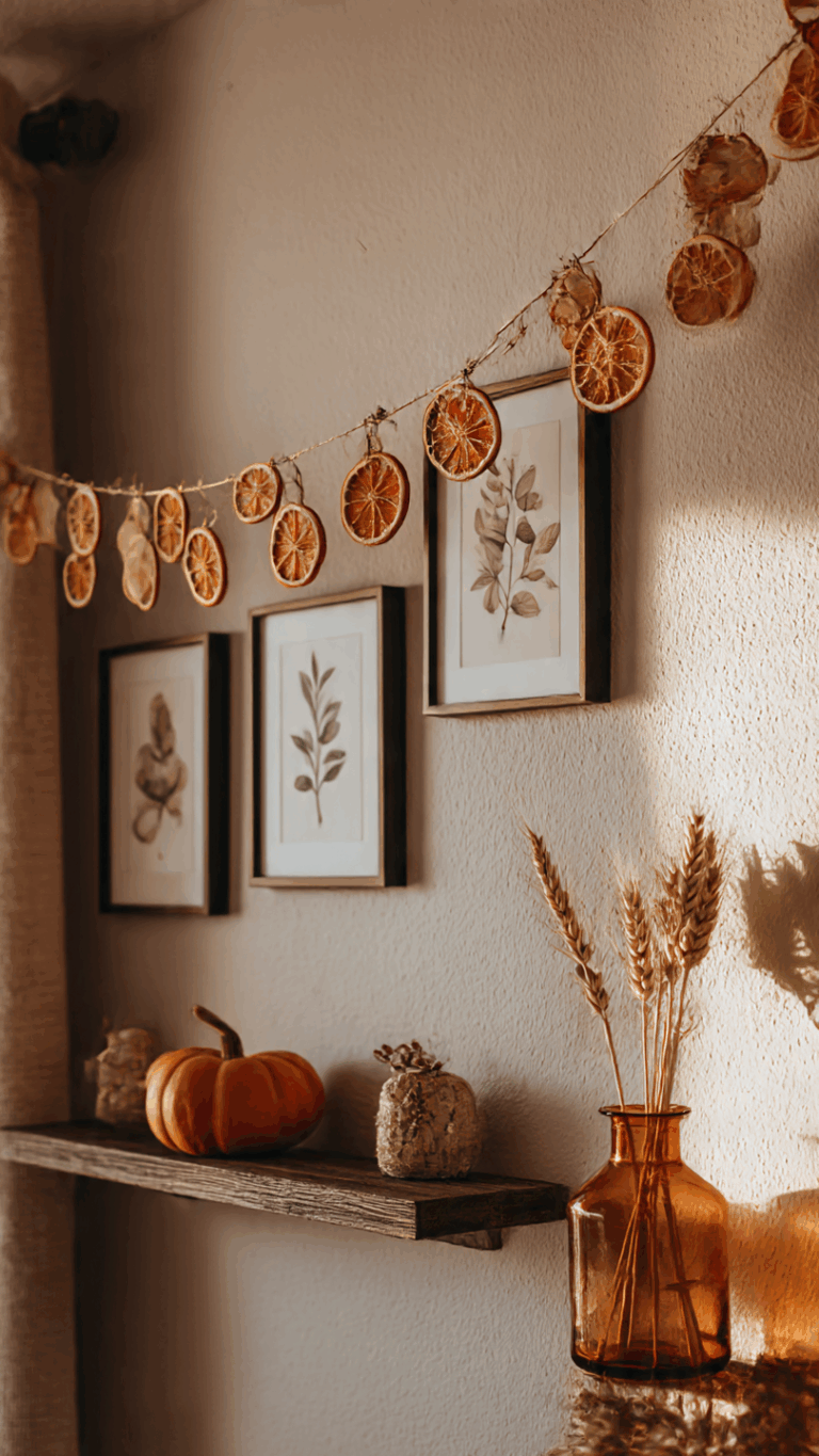 A cozy living room wall decorated for autumn on a budget, featuring a DIY dried orange garland and framed botanical prints.