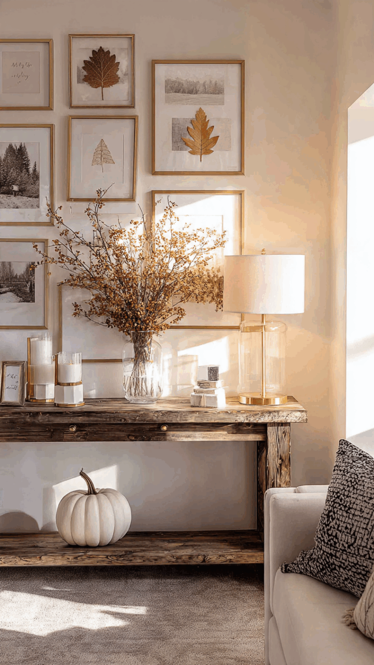 A cozy living room featuring cheap autumn wall decor ideas, including a gallery wall of pressed fall leaves above a console table.
