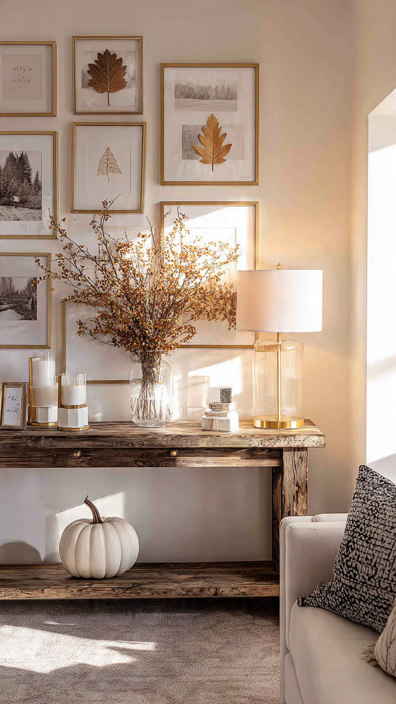 A cozy living room featuring cheap autumn wall decor ideas, including a gallery wall of pressed fall leaves above a console table.
