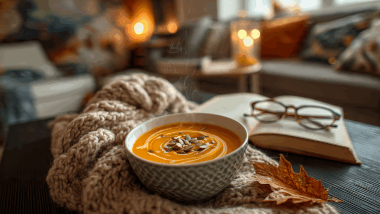 A steaming bowl of creamy butternut squash soup on a rustic wooden table, creating a cozy autumn atmosphere in a beautifully decorated living room.