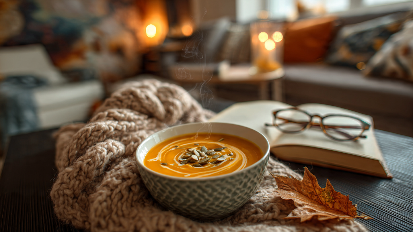 A steaming bowl of creamy butternut squash soup on a rustic wooden table, creating a cozy autumn atmosphere in a beautifully decorated living room.