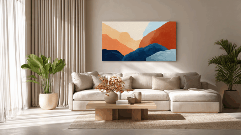 A stylish living room featuring a large, easy DIY abstract canvas painting with minimalist color blocks above the sofa.