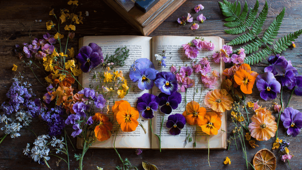A colorful selection of fresh flowers and ferns perfect for pressing, laid out on a wooden surface.
