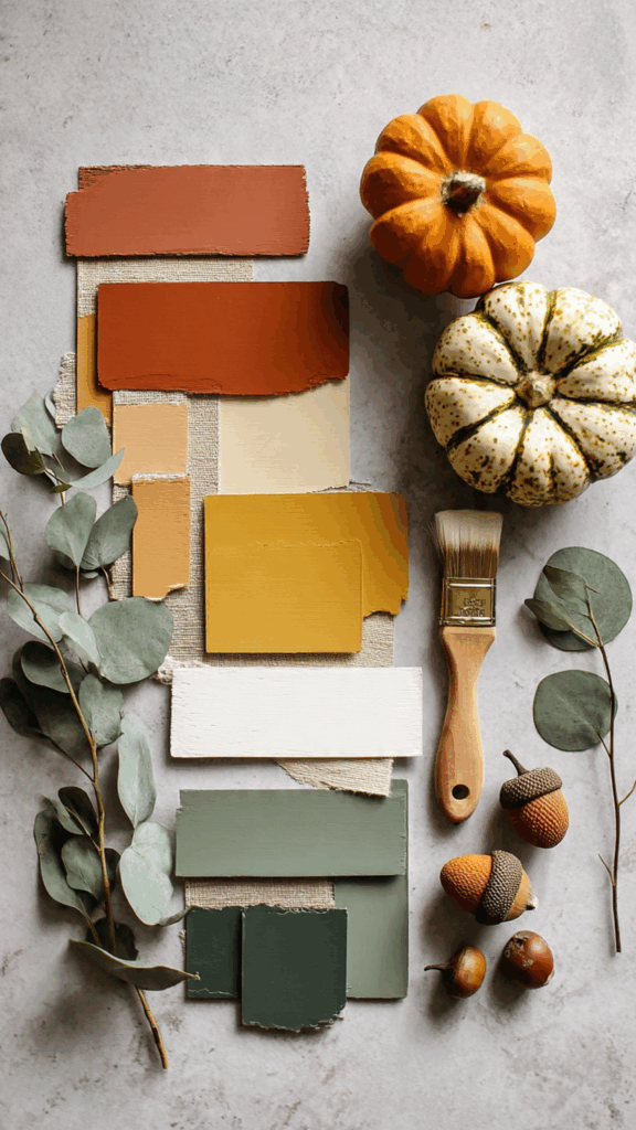 A flat lay of paint swatches in the best colors for autumn themed wall decor, including shades of orange, green, and yellow.