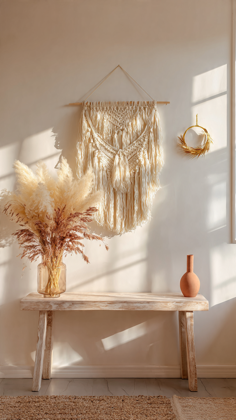 A beautifully styled hero shot of a modern boho living room wall in autumn.