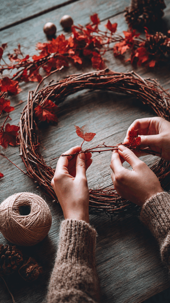 A person making a DIY rustic twig wreath for autumn wall decor using natural branches and leaves