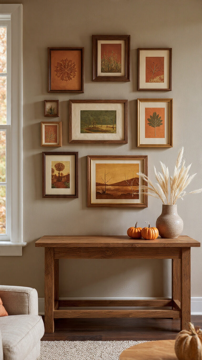 A beautifully decorated living room gallery wall featuring the best colors for autumn themed wall decor, including orange, green, and neutral tones.