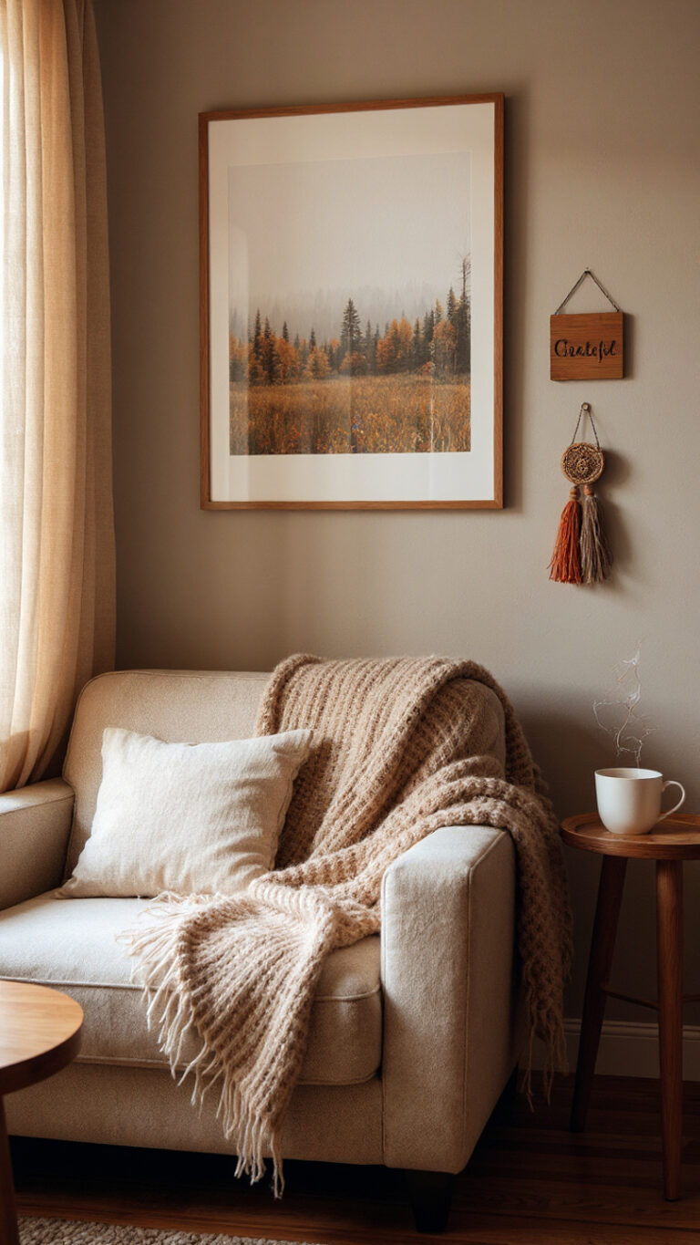 A cozy living room featuring affordable autumn wall decor, including framed art and a woven hanging above a cream sofa.