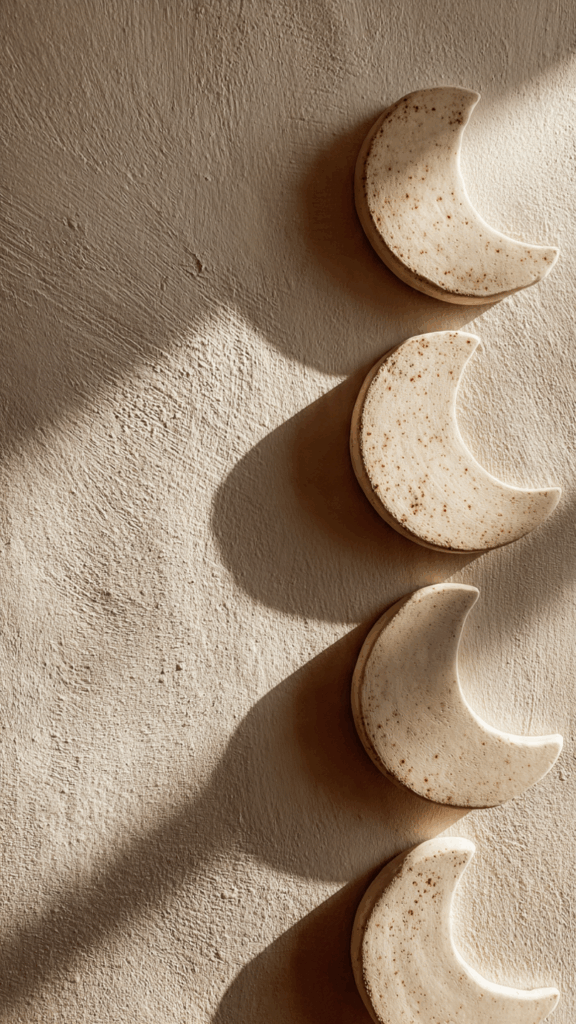 A handmade wall hanging made of white air-dry clay pieces shaped like the phases of the moon, strung vertically with twine.