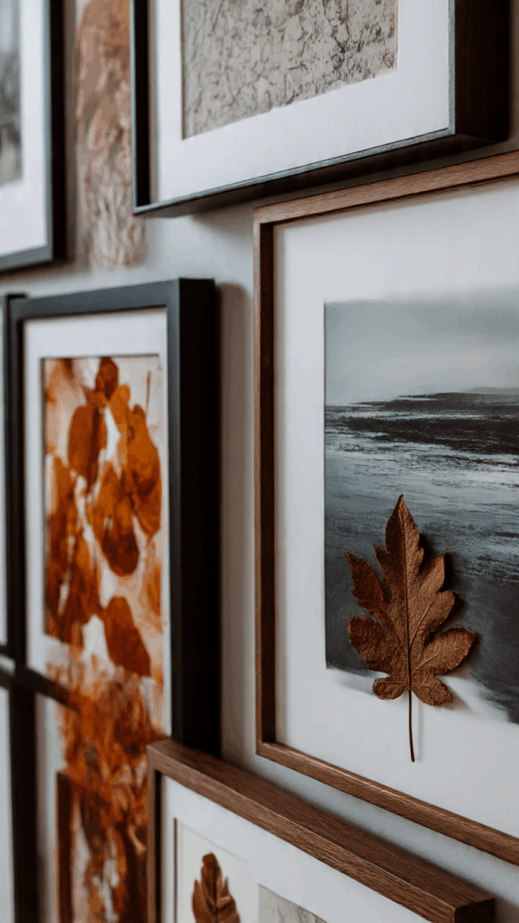 "A modern autumn gallery wall for a living room, featuring prints with warm tones and natural elements.