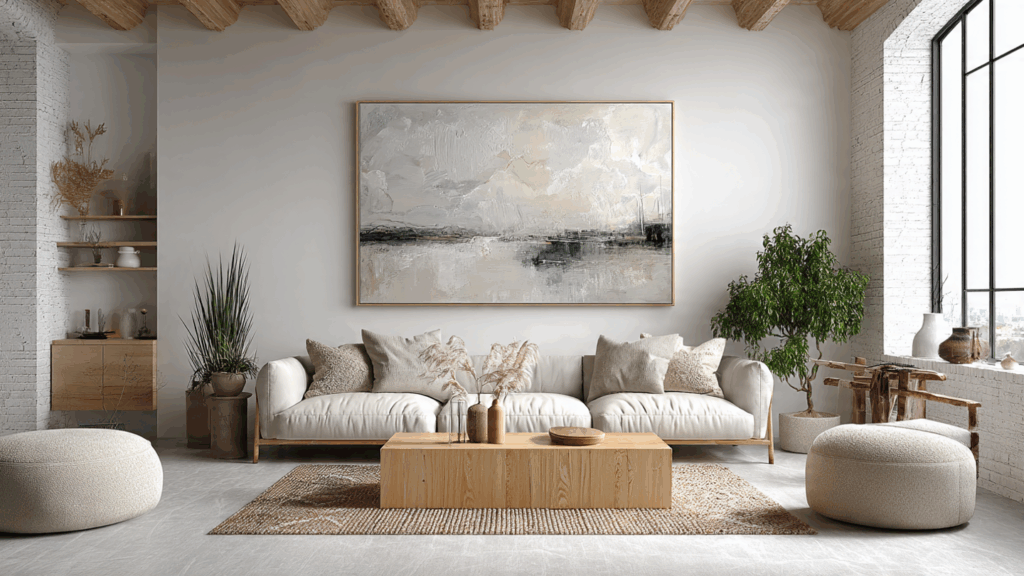 A stylish living room featuring a large DIY abstract wall art piece with beige and white tones hanging over a grey sofa.