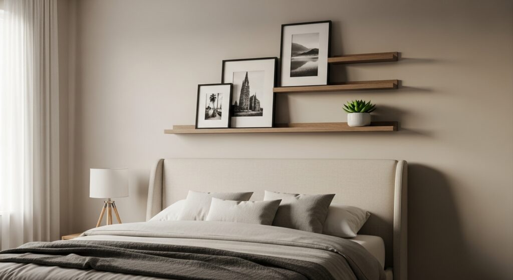 A long floating shelf used as an art ledge above a bed, displaying framed art.