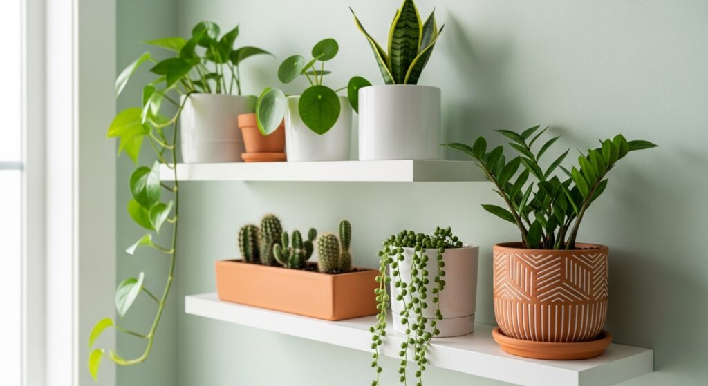 Green plants like pothos and succulents arranged on white floating shelves in a bedroom.