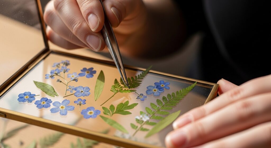 Hands using tweezers to carefully position small pressed blue flowers and green ferns onto the glass of a floating frame.